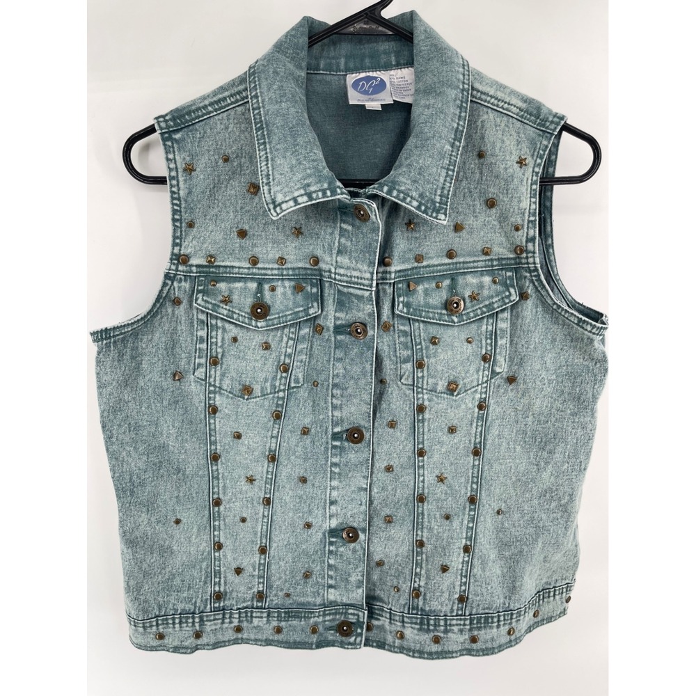 DG2 Diane Gilman Denim Vest Womens Large Blue Acid Wash‎ Biker Studded Star